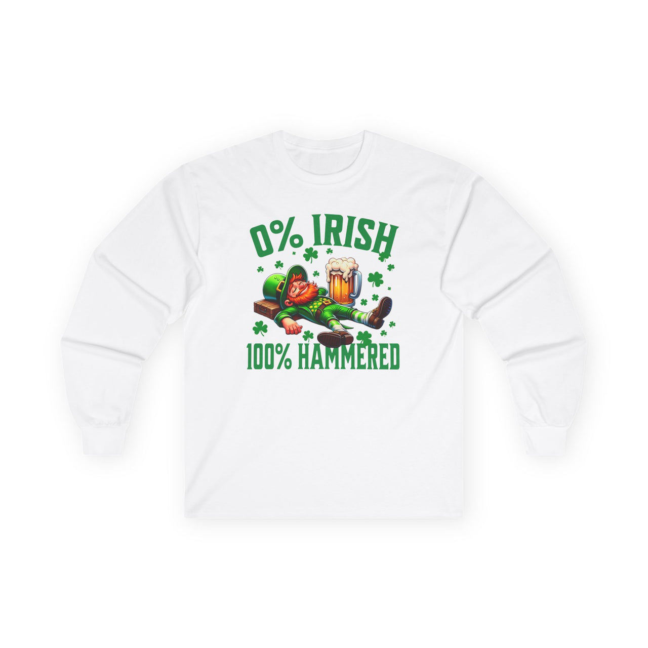 St. Patrick's Day Long Sleeve Tee | 0% Irish 100% Hammered | Unisex Top for Celebrations, Casual Wear, Gift for Beer Lovers,