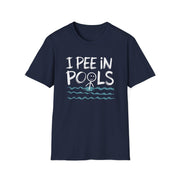 Navy blue t-shirt with 'I Pee in Pools' text and graphic on a white background