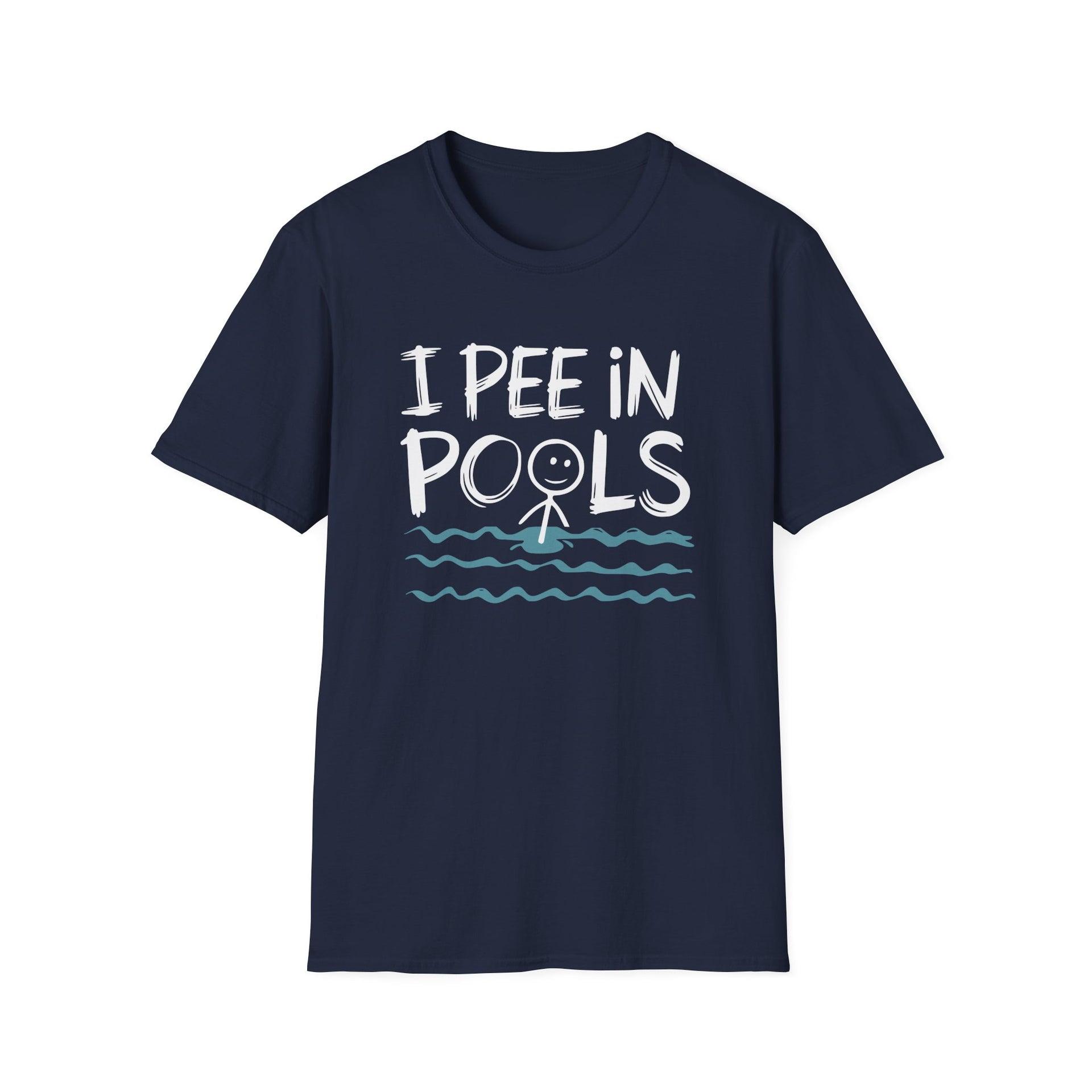 Navy blue t-shirt with 'I Pee in Pools' text and graphic on a white background