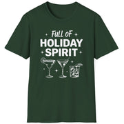 Funny Christmas Drinking Short Sleeve Shirt with three cocktails glasses and the text "Full of Holiday Spirit" - Forest Green