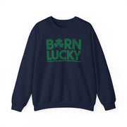 navy blue sweatshirt with 'Born Lucky' text and green clover funny st patricks design