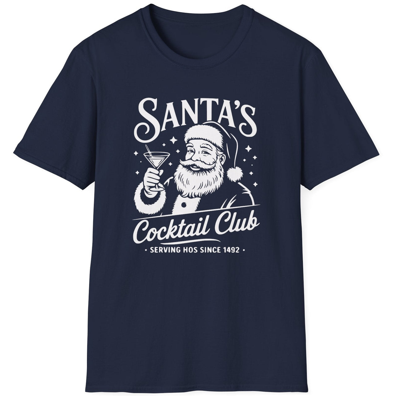 Funny Christmas Drinking  Short Sleeve Shirt with Santa drinking a cocktail and the text " Santa's Cocktail Club Serving Hos since 1492" - Navy Blue