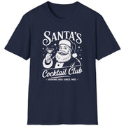 Funny Christmas Drinking  Short Sleeve Shirt with Santa drinking a cocktail and the text " Santa's Cocktail Club Serving Hos since 1492" - Navy Blue