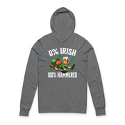 Gray hoodie with '0% Irish 100% Hammered' graphic on a white background
