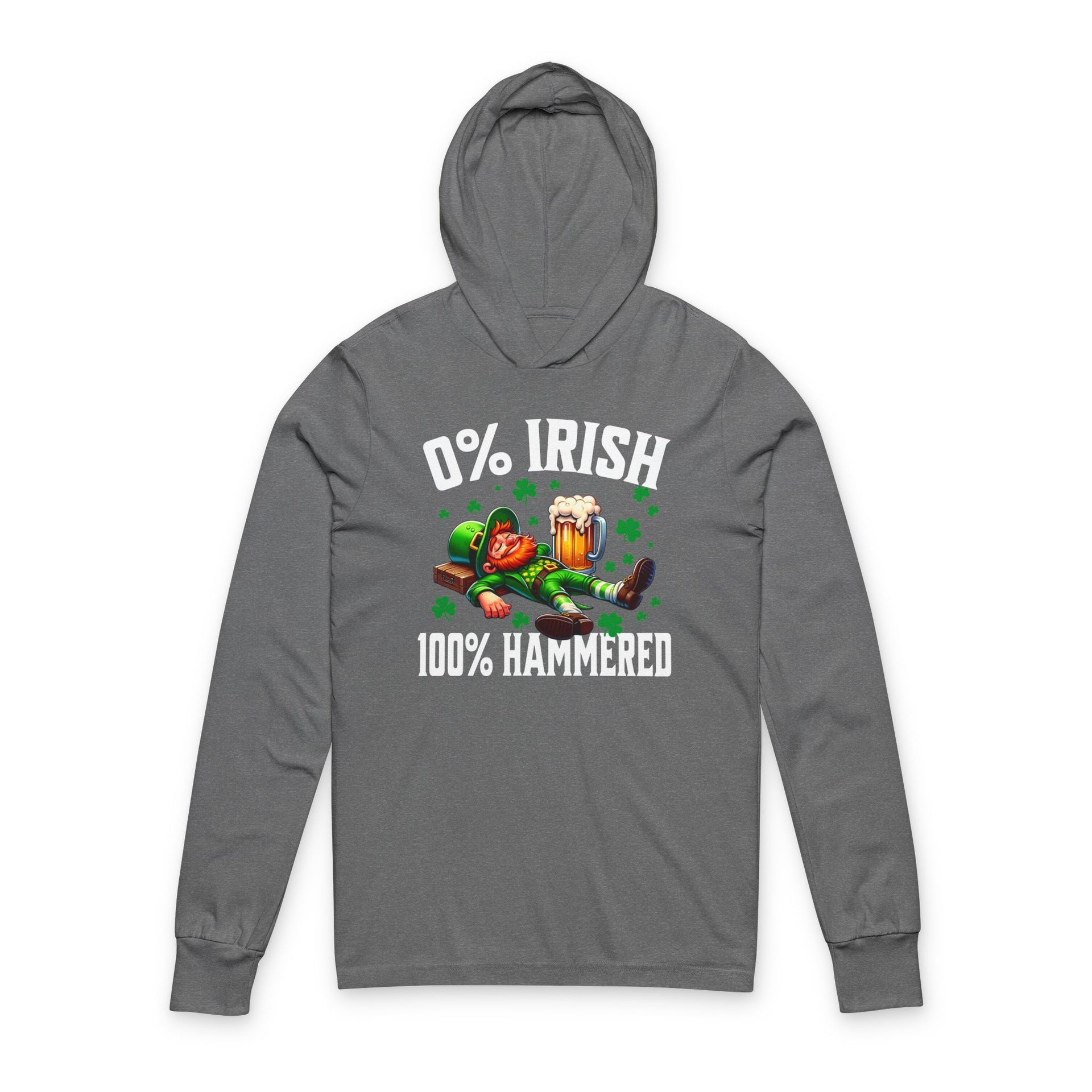Gray hoodie with '0% Irish 100% Hammered' graphic on a white background