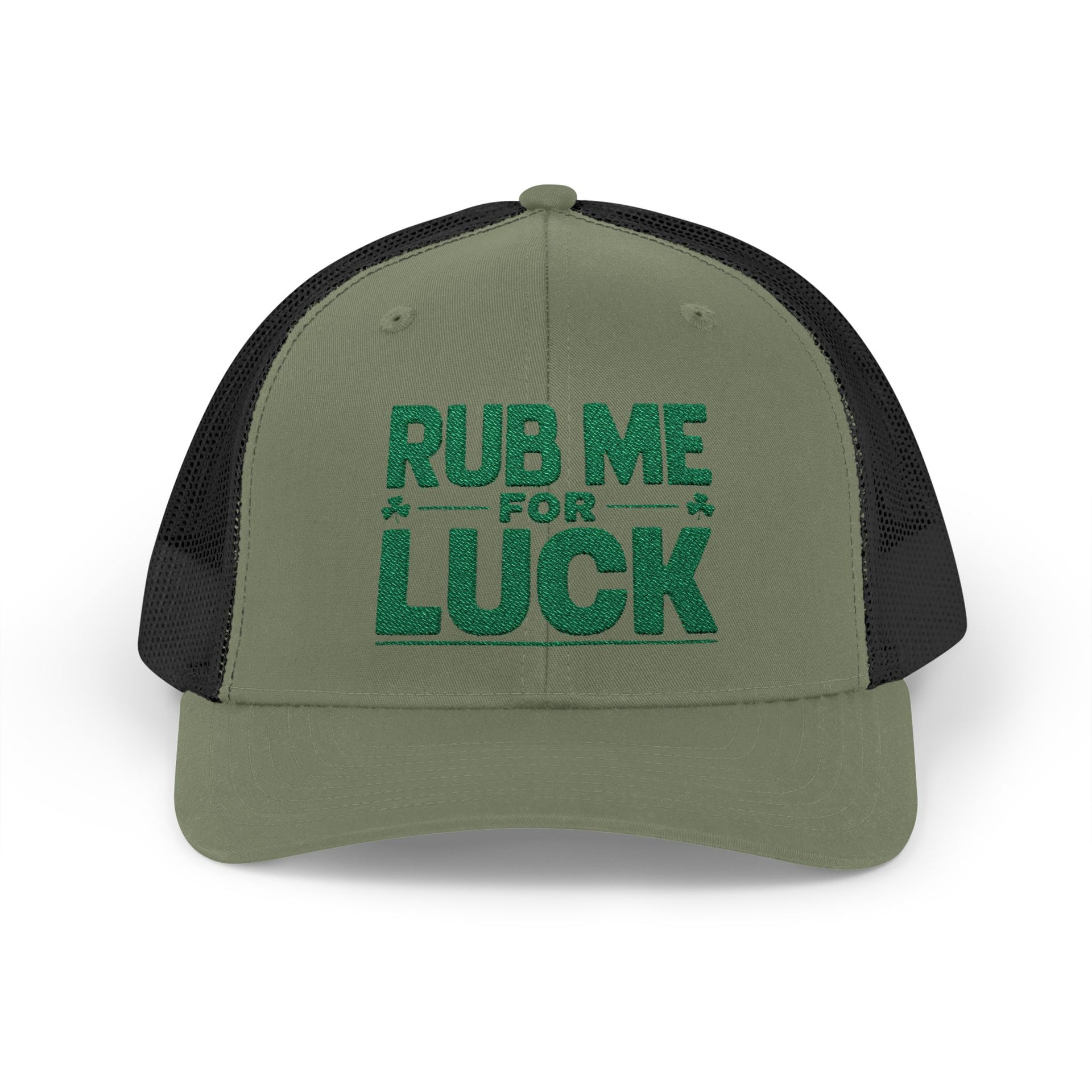 a green and black curved bill trucker hat with 'Rub Me for Luck' text funny st patricks day pub crawl design