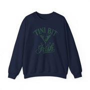 navy sweatshirt with 'Tini Bit Irish' text and martini glass graphic funny st patricks day design