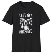 Funny Christmas Drinking Short Sleeve Shirt with a reindeer holding a beer with ornaments draped from his antlers and the text "Let's Get Blitzened" - Black