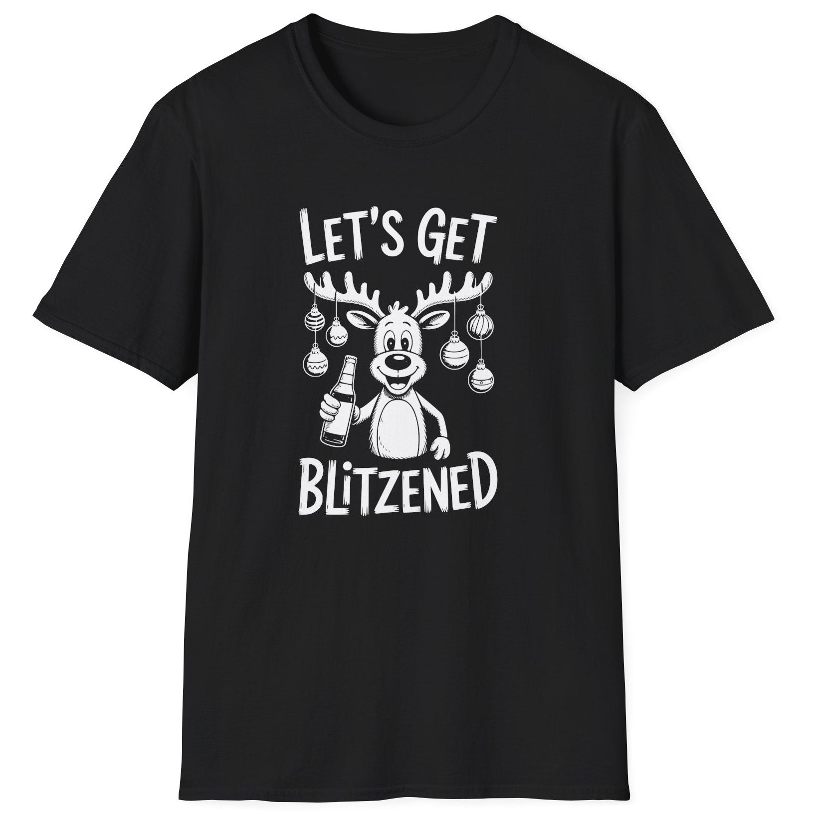 Funny Christmas Drinking Short Sleeve Shirt with a reindeer holding a beer with ornaments draped from his antlers and the text "Let's Get Blitzened" - Black