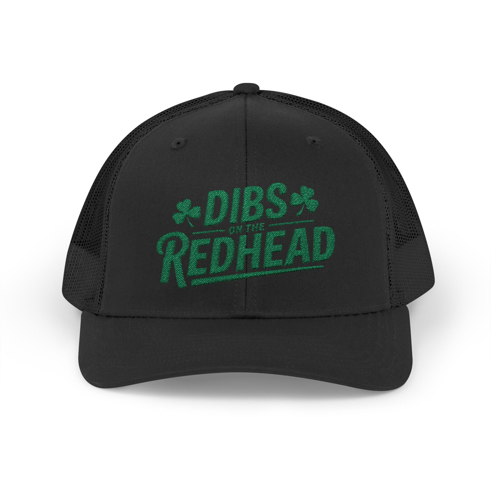 black curved bill trucker hat with the text 'DIBS on the REDHEAD' funny st patricks day pub crawl design