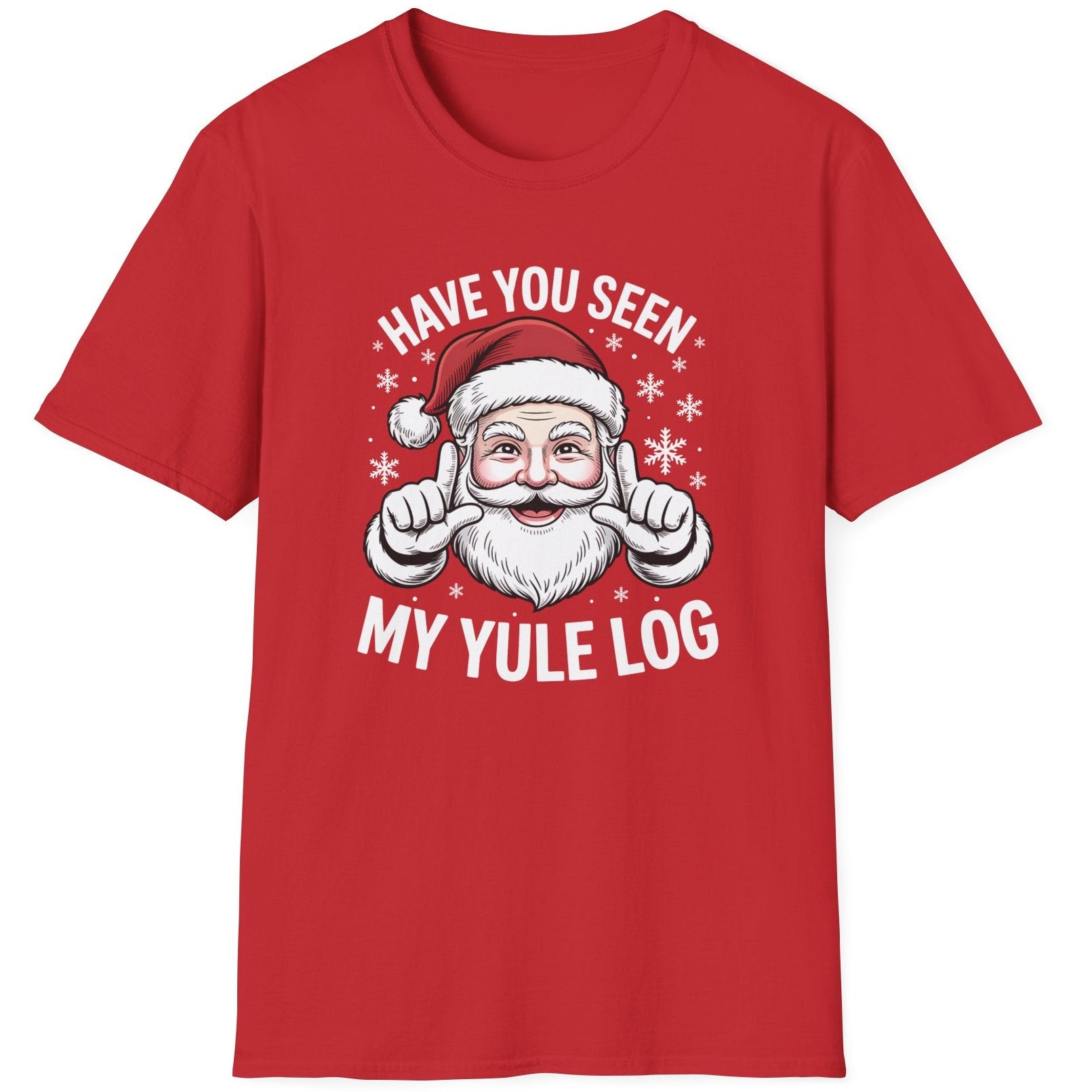 Red  t-shirt with Santa Claus graphic and text 'Have you seen my Yule log' funny christmas sweater