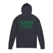 navy lightweight hoodie with 'Born Lucky' text funny St Patricks Design