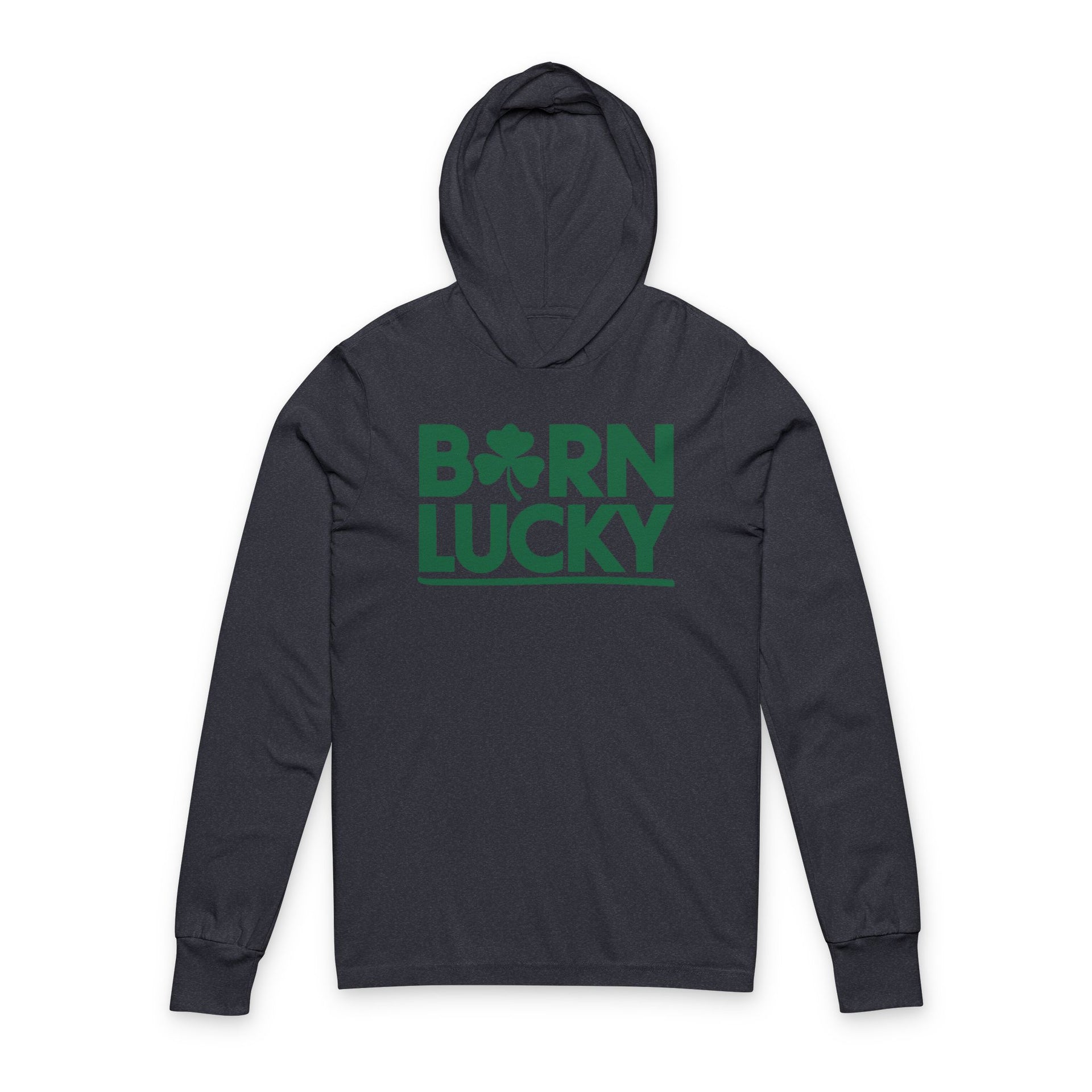 navy lightweight hoodie with 'Born Lucky' text funny St Patricks Design