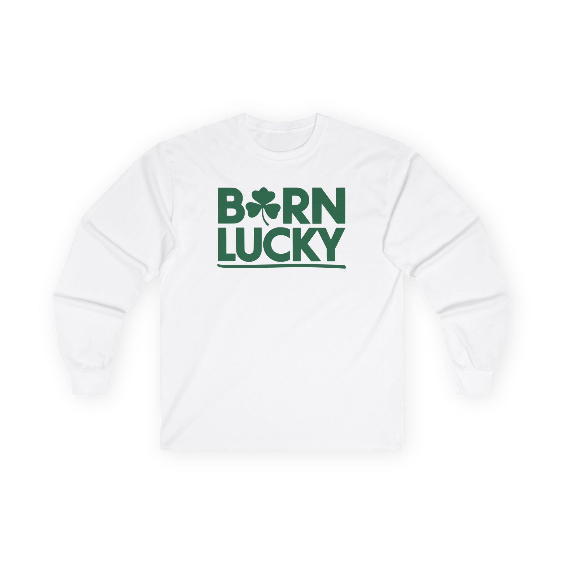 white long-sleeve shirt with 'Born Lucky' text funny st patricks day design