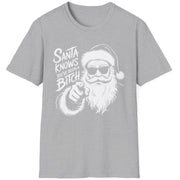 Funny Christmas Humor Short Sleeve Shirt with Santa pointing and the text "Santa Knows You've Been a Bitch" - Sport Grey