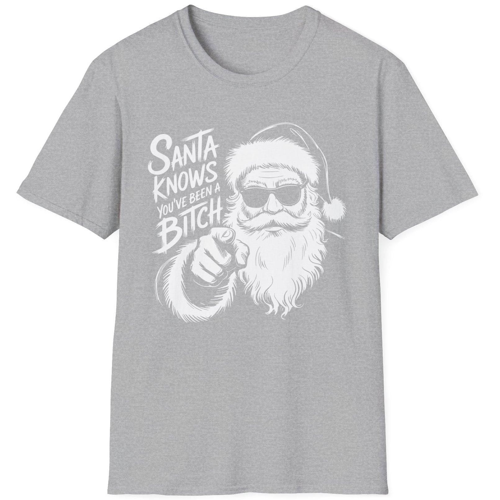 Funny Christmas Humor Short Sleeve Shirt with Santa pointing and the text "Santa Knows You've Been a Bitch" - Sport Grey