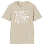 Funny Christmas Drinking Short Sleeve Shirt with a whiskey glass and the text "All I Want for Christmas is Johnnie, Jim, and Jack" - Sand