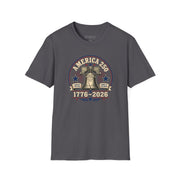 a dark gray t-shirt with a 'America 250' Patriotic 4th of July, Memorial Day design