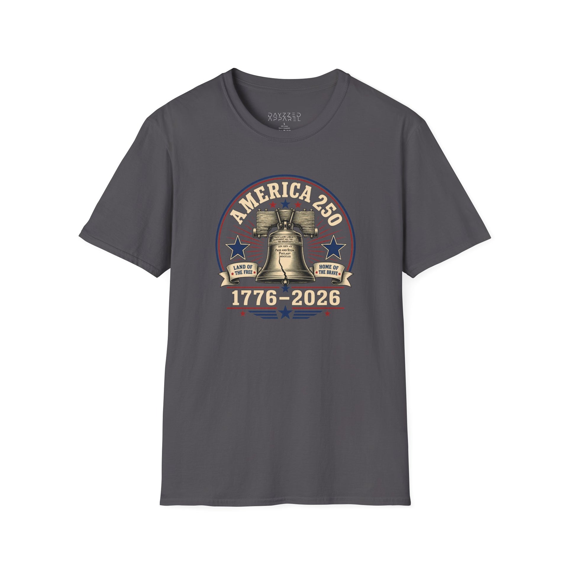 a dark gray t-shirt with a 'America 250' Patriotic 4th of July, Memorial Day design
