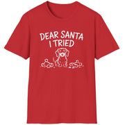 Funny Christmas Dachshund Short Sleeve Shirt with a Dachshund and some torn up toys and the text "Dear Santa I Tried" - Red