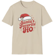 Beige graphic t-shirt with the phrase Santa's Favorite HO funny christmas sweater