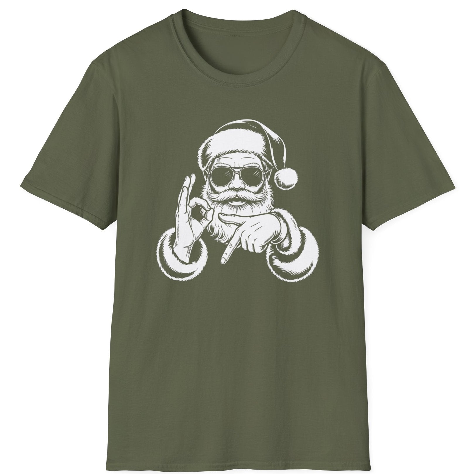 Funny 67 Meme Christmas Short Sleeve Shirt with Santa making the 67 hand Gesture - Military Green