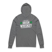 Gray hoodie with 'Fueled by Irish Whiskey' text and shamrock design on a white background