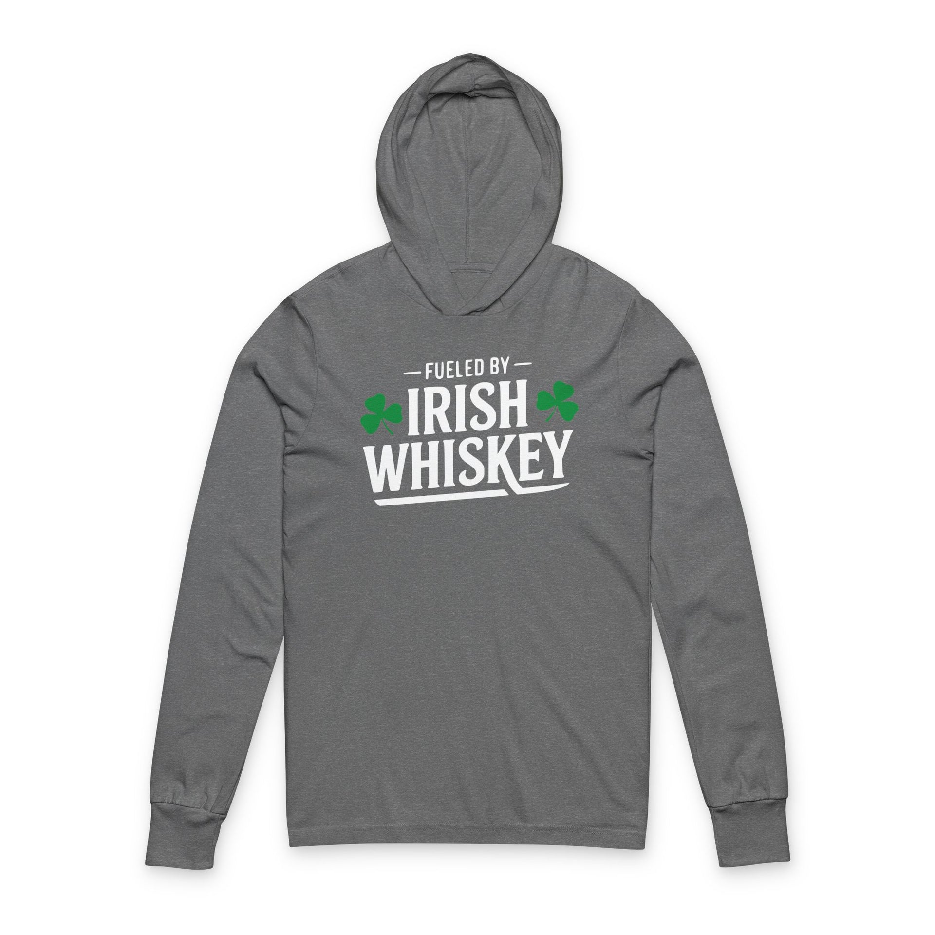 Gray hoodie with 'Fueled by Irish Whiskey' text and shamrock design on a white background