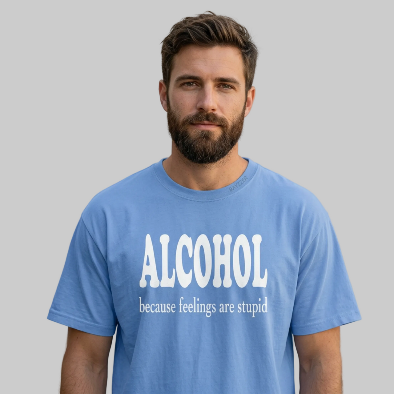 Man wearing a blue t-shirt with 'ALCOHOL because feelings are stupid' text funny day drinking, spring break, guys trips, girls trips, beach trips, summer vacation, lake days design