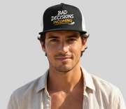 Man wearing a black and white flat bill trucker hat with the phrase "Bad Decisions Incoming" funny spriong break, summer vacation, beach trip, bachelor or bachelorette party design