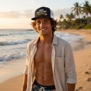 a man wearing a black and white flat bill trucker hat with the phrase "Bad Decisions Incoming" funny spriong break, summer vacation, beach trip, bachelor or bachelorette party design