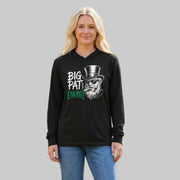 blond female wearing a black lightweight St Patricks  Day hoodie with the Phrase “Big Pat Energy”  with a leprechaun smoking a cigar
