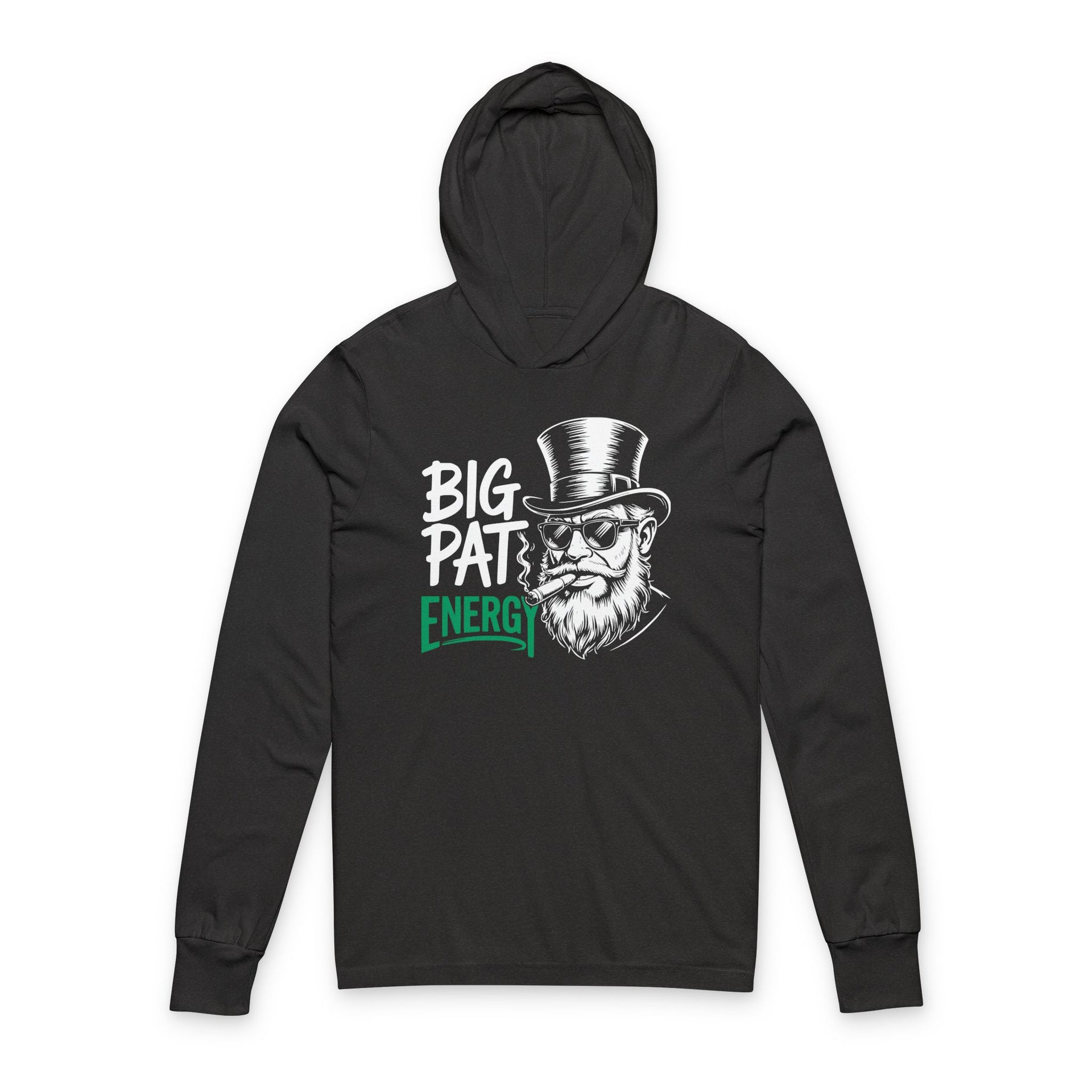 black lightweight St Patricks  Day hoodie with the Phrase “Big Pat Energy”  with valentines hearts and cupid’s arrow
