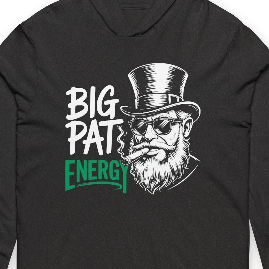 Black hoodie with a graphic of a man in a top hat and sunglasses, smoking a cigar, and the text 'BIG PAT ENERGY'.