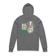 gray lightweight St Patricks  Day hoodie with the Phrase “Big Pat Energy”  with a leprechaun smoking a cigar
