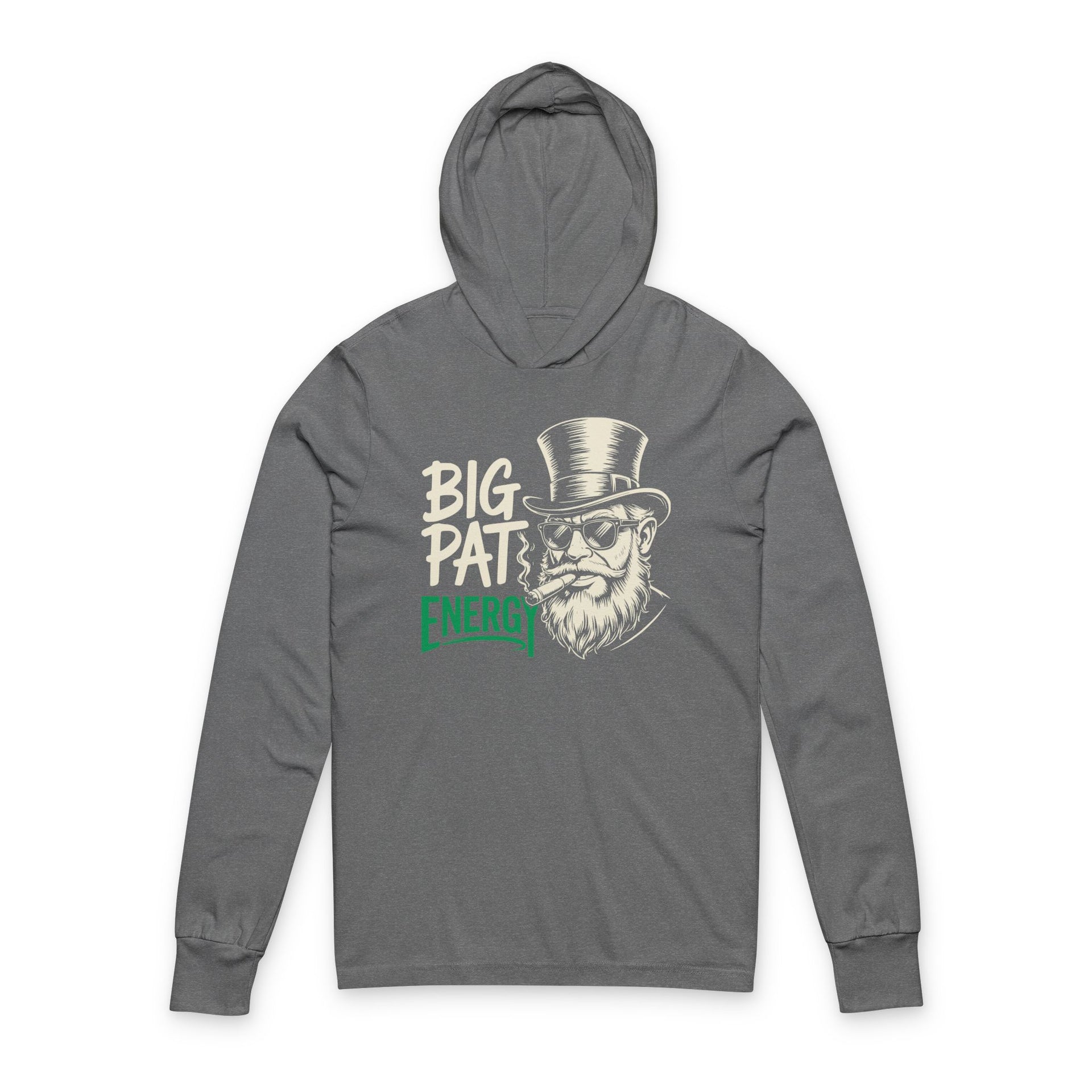 gray lightweight St Patricks  Day hoodie with the Phrase “Big Pat Energy”  with a leprechaun smoking a cigar
