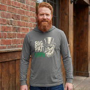 red headed man wearing a grey  lightweight St Patricks  Day hoodie with the Phrase “Big Pat Energy”  with a leprechaun smoking a cigar
