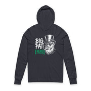navy lightweight St Patricks  Day hoodie with the Phrase “Big Pat Energy”  with a leprechaun smoking a cigar
