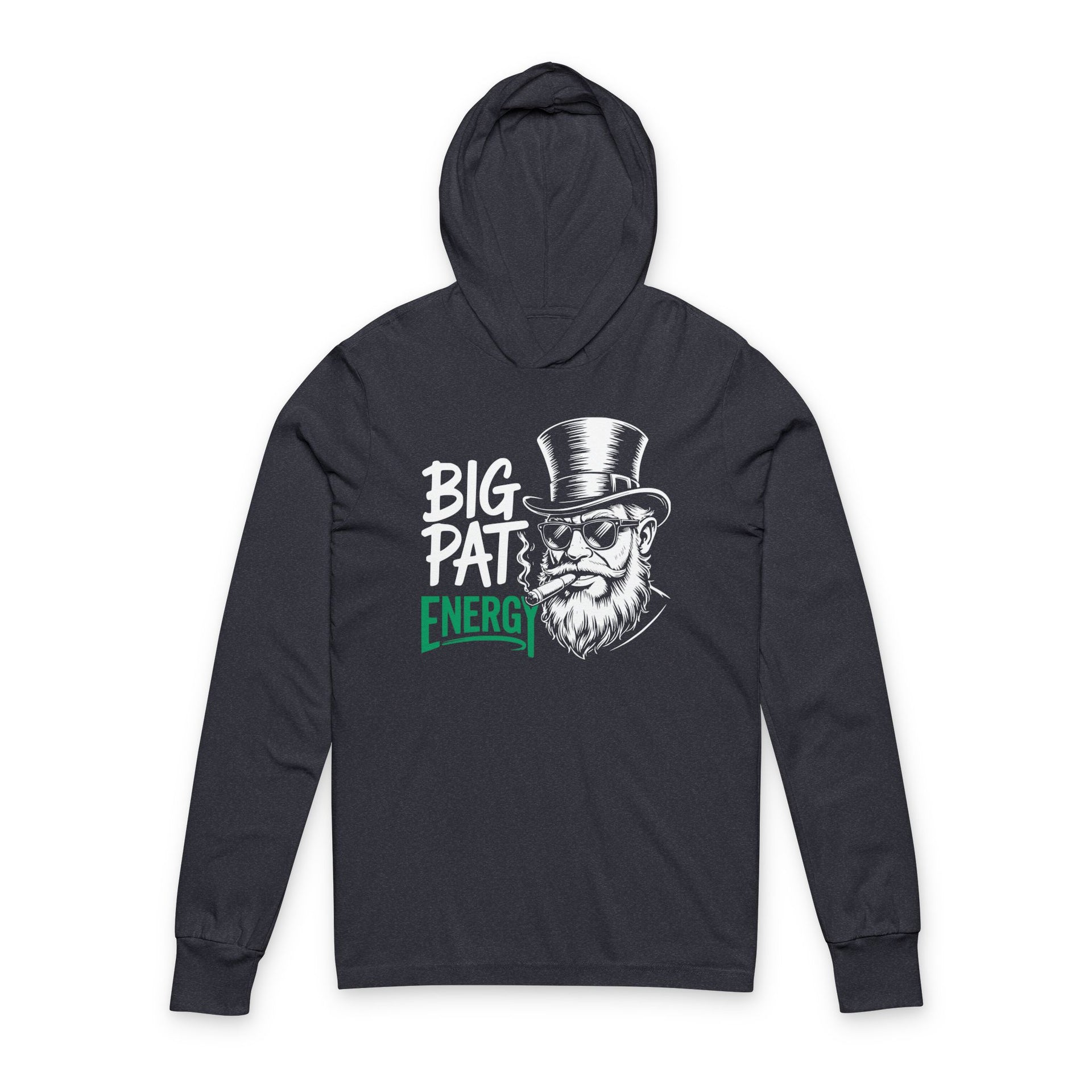 navy lightweight St Patricks  Day hoodie with the Phrase “Big Pat Energy”  with a leprechaun smoking a cigar
