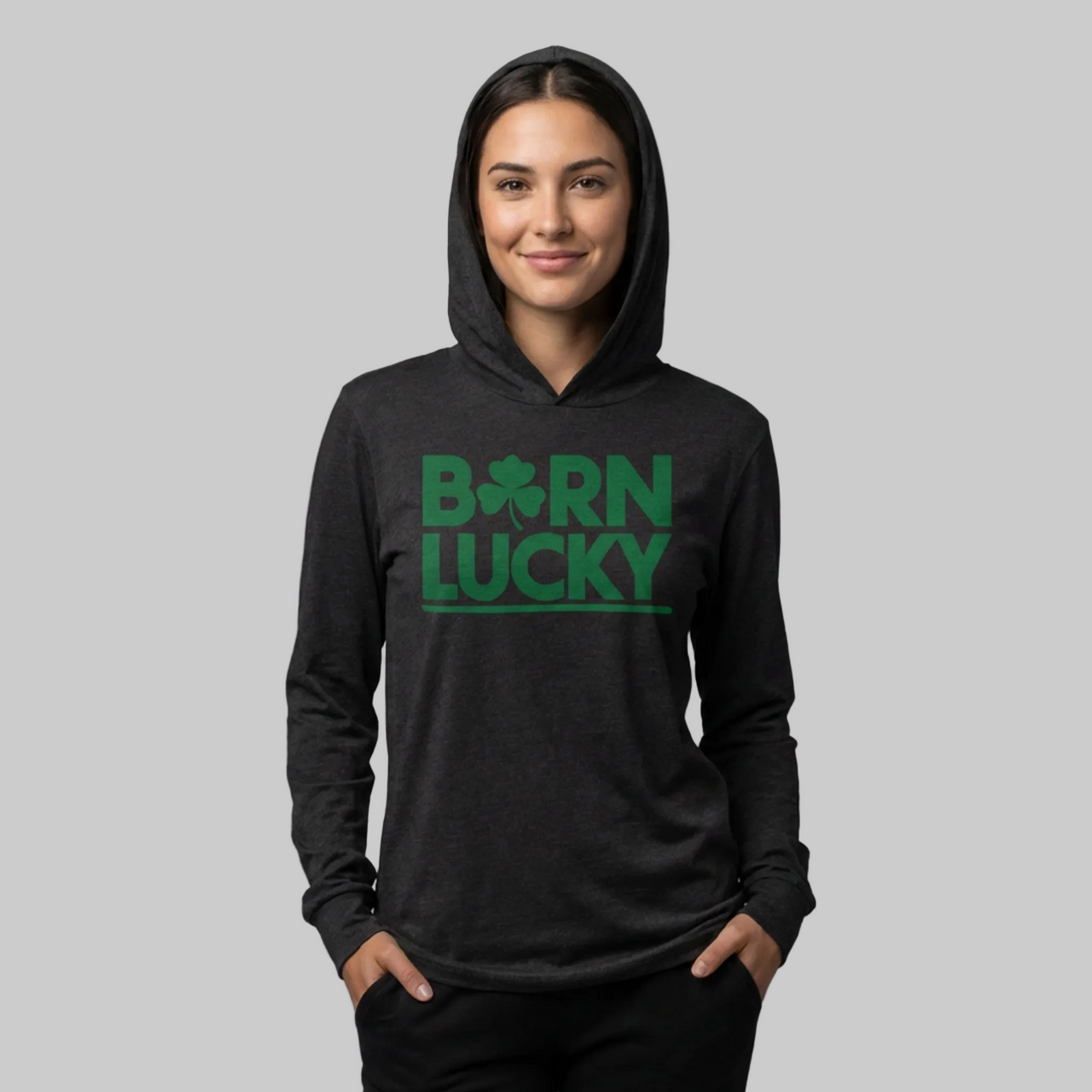 woman wearing a Black lightweight hoodie with 'Born Lucky' text funny St Patricks Design