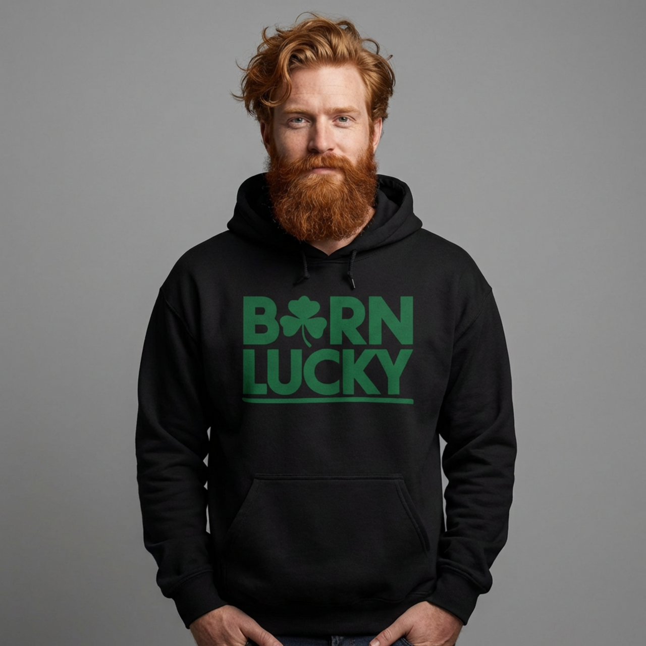 Man wearing a black hoodie with 'Born Lucky' text funny st patriks day design