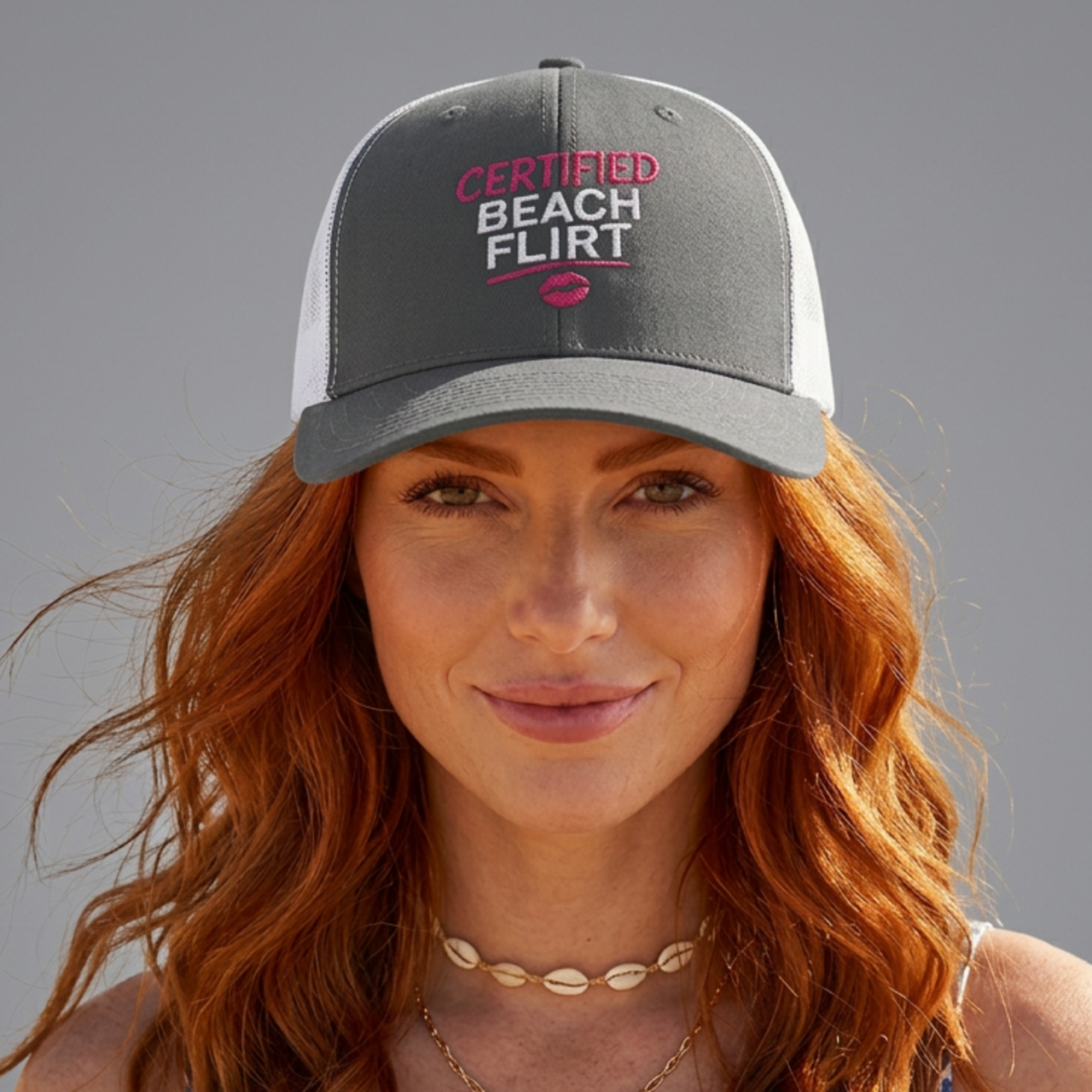 Woman wearing a gray and white trucker hat with 'Certified Beach Flirt' text funny spring break, girls trip beach trip, bachelorette party design