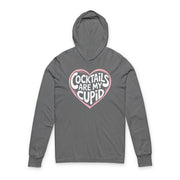 gray featherweight hoodie with the phrase "Cocktails are my cupid".  A minimalist valentine heart outline surrounds the phrase to complete the design
