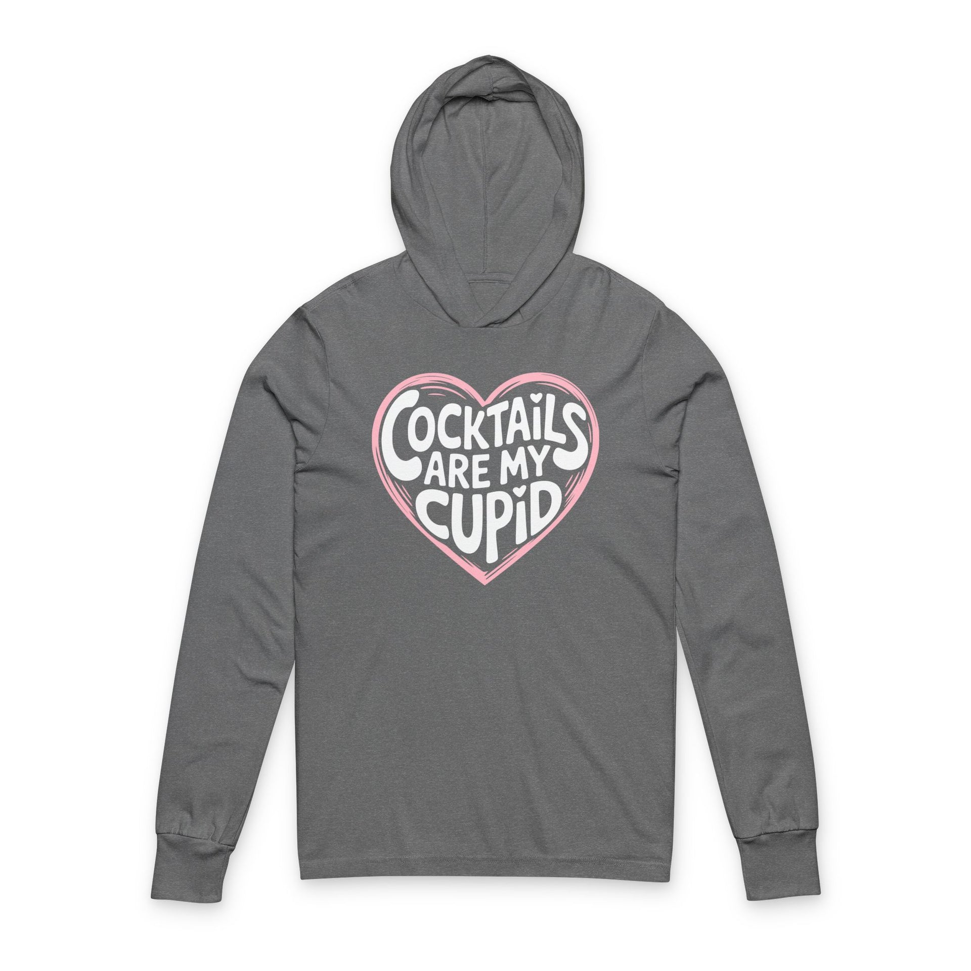 gray featherweight hoodie with the phrase "Cocktails are my cupid".  A minimalist valentine heart outline surrounds the phrase to complete the design
