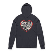 navy featherweight hoodie with the phrase "Cocktails are my cupid".  A minimalist valentine heart outline surrounds the phrase to complete the design
