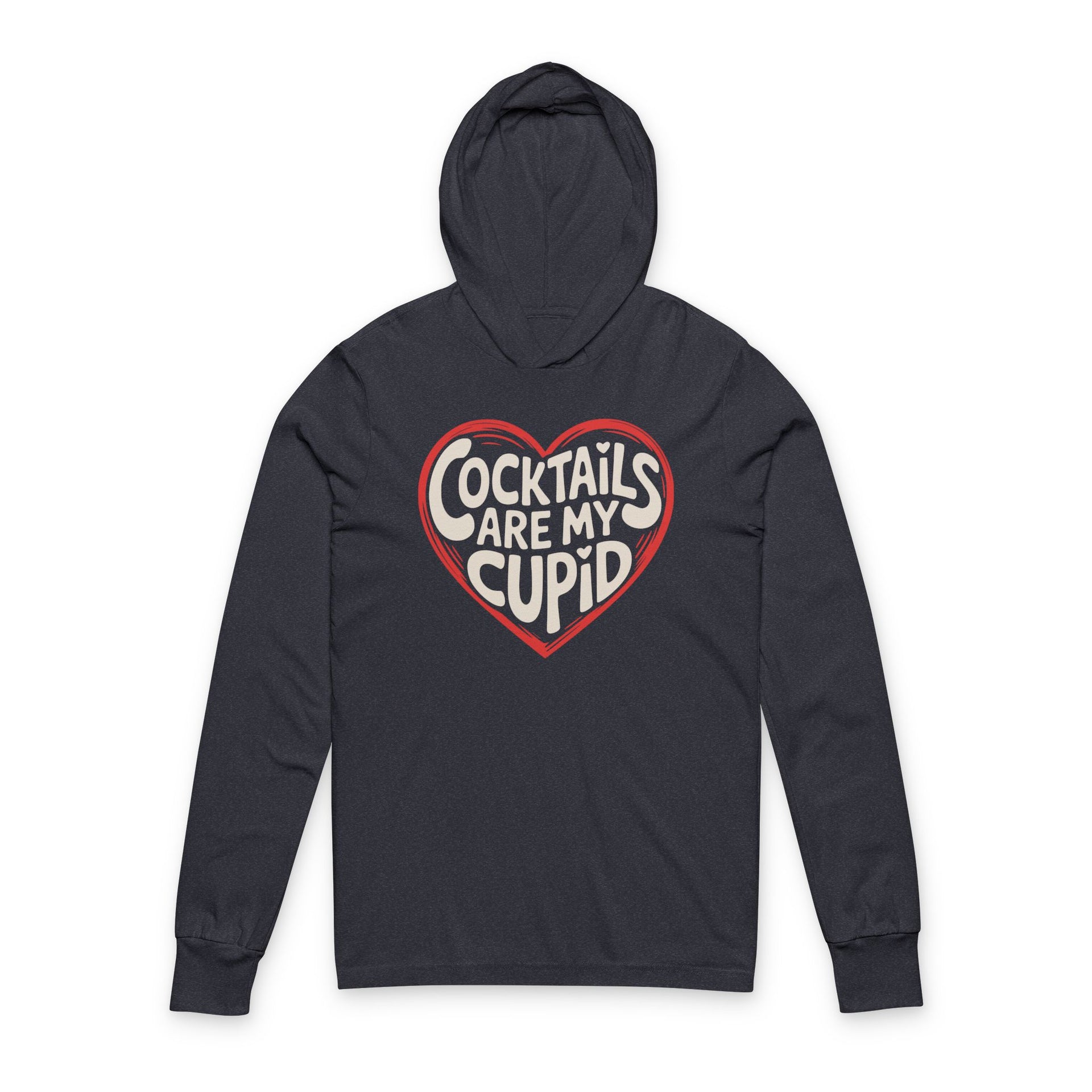 navy featherweight hoodie with the phrase "Cocktails are my cupid".  A minimalist valentine heart outline surrounds the phrase to complete the design

