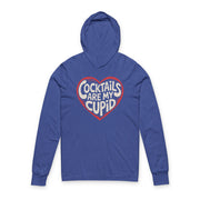 royal blue featherweight hoodie with the phrase "Cocktails are my cupid".  A minimalist valentine heart outline surrounds the phrase to complete the design
