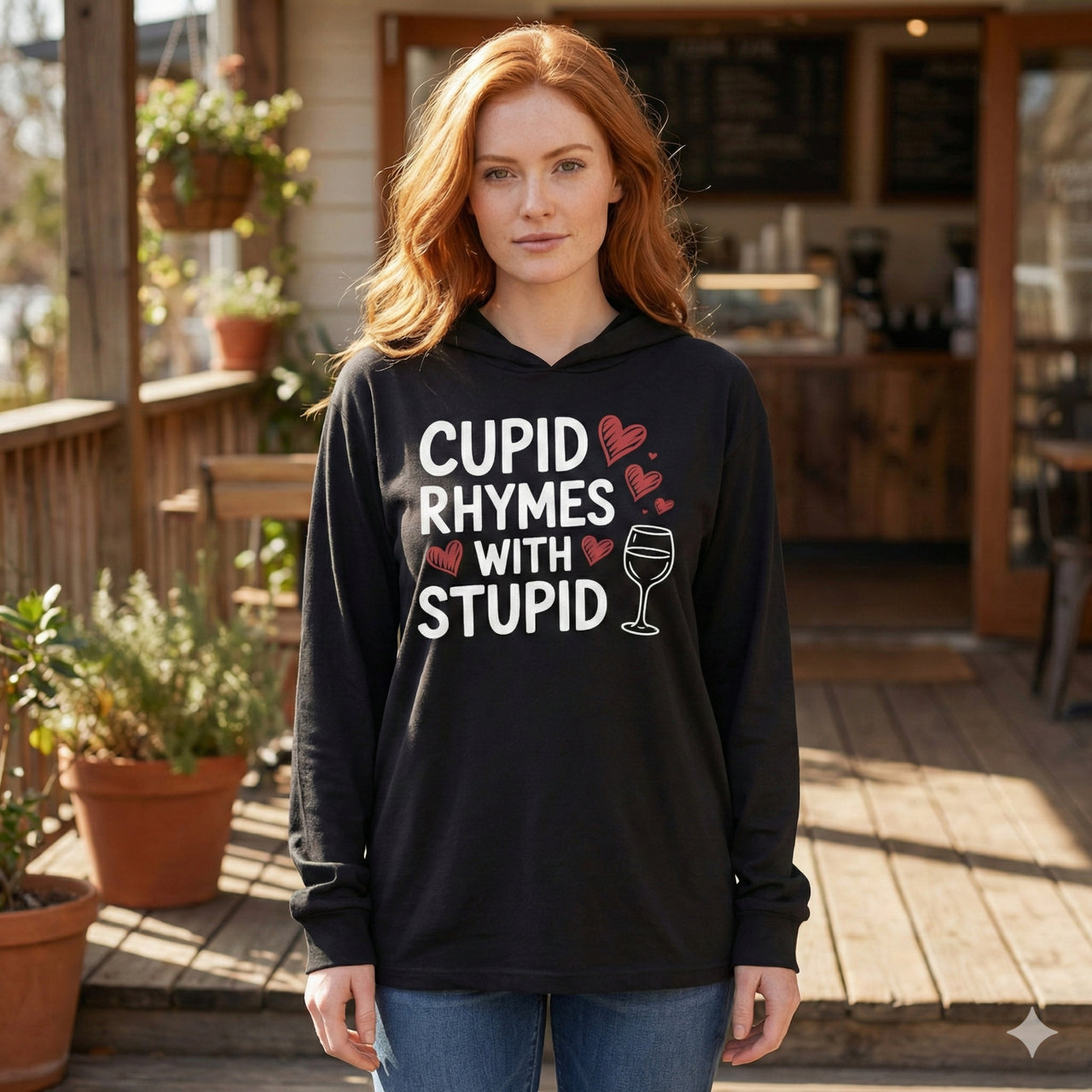 redheaded female model wearing a black featherweight hoodie with the phrase “Cupid Rhymes With Stupid” with an ink sketched wine glass and sketched valentine hearts to  complete the design