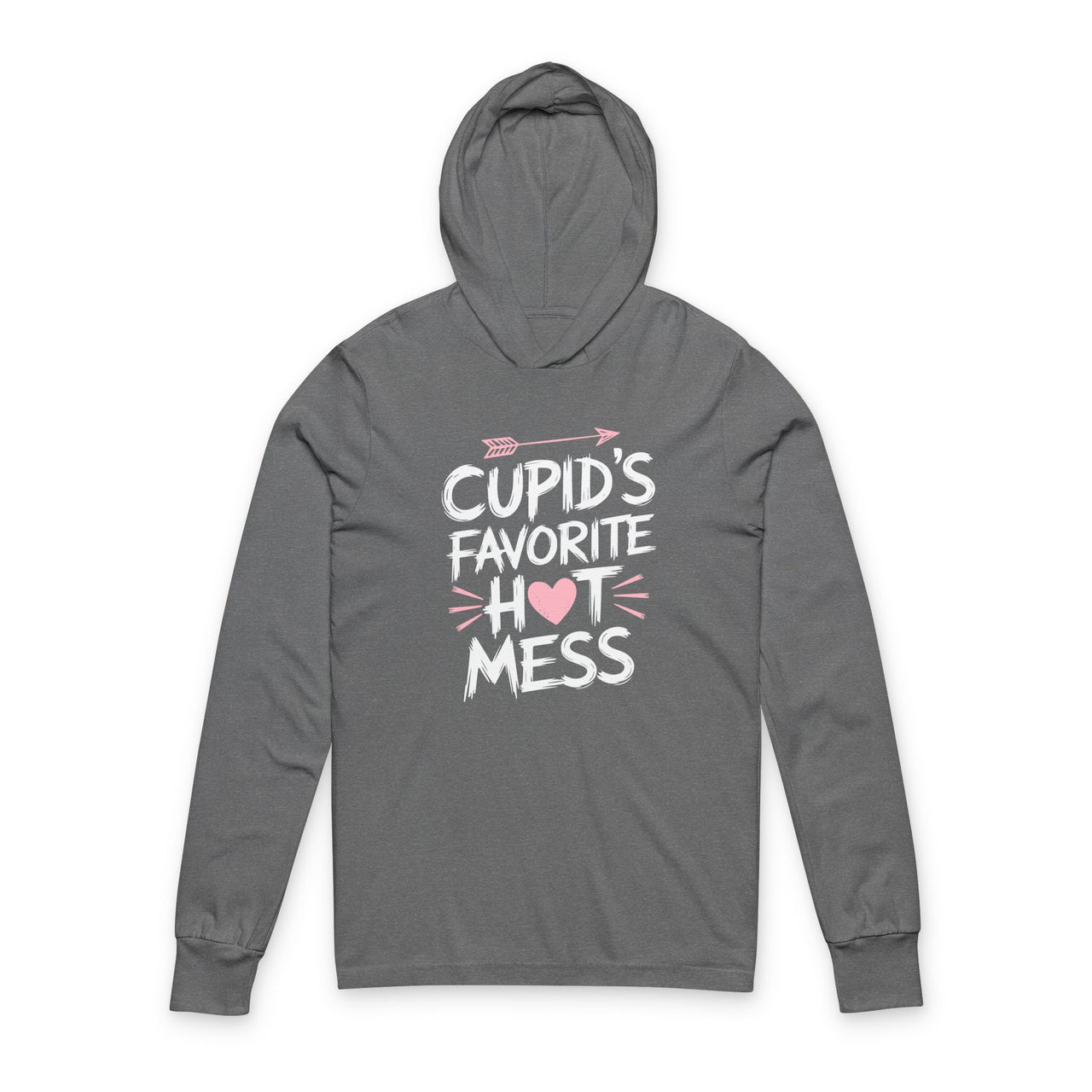 gray featherweight valentine's day hoodie with the Phrase “cupid’s favorite hot mess”  with valentines hearts and cupid’s arrow
