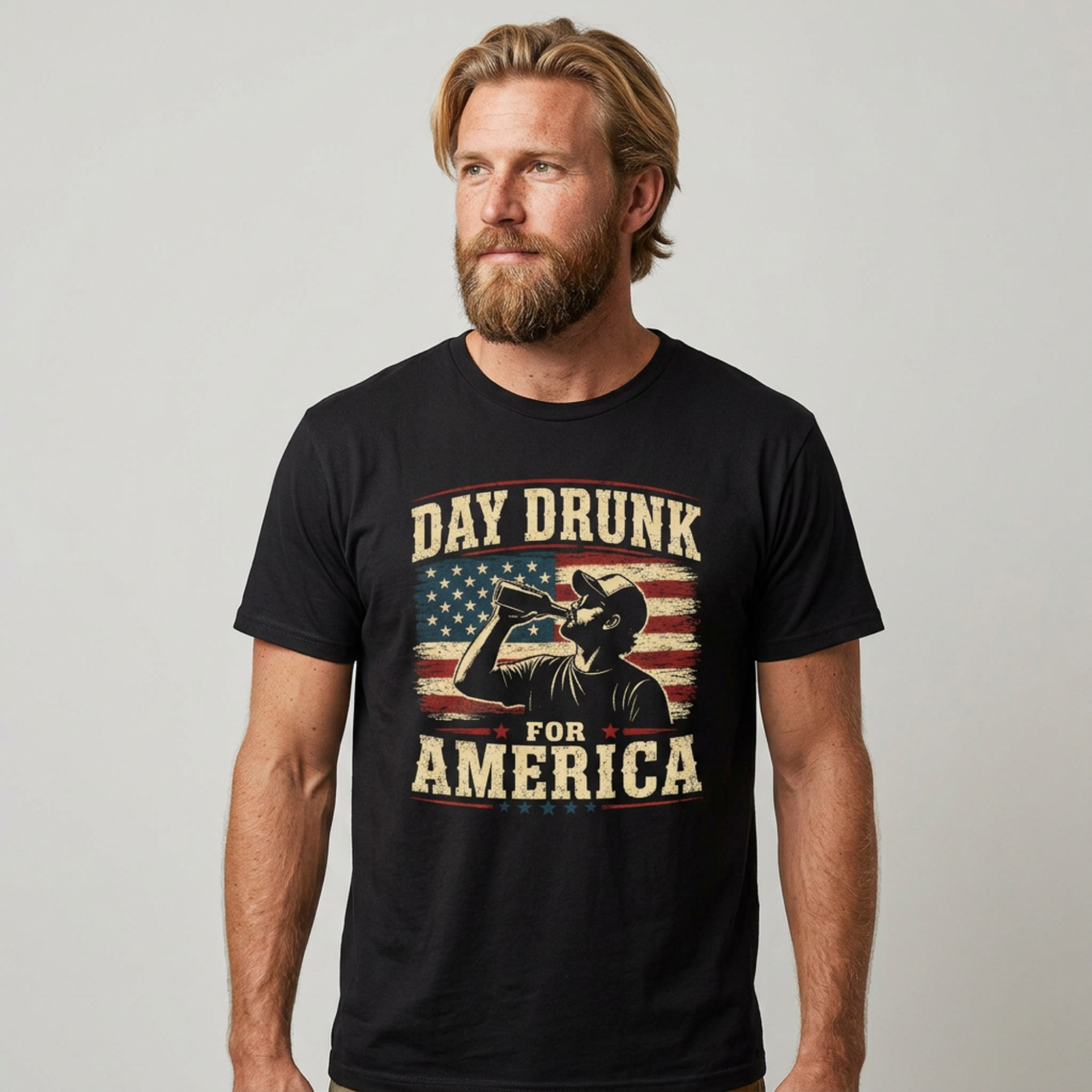 Man wearing a black t-shirt with 'Day Drunk for America' 4th of July graphic design 